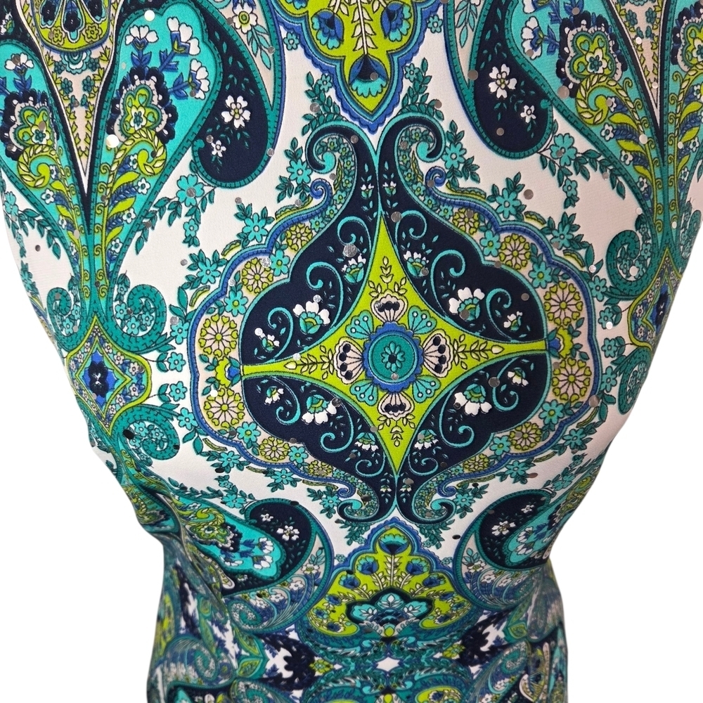 Joseph Ribkoff Blue and Green Paisley Midi Dress With Small Silver Sequins 6 - Picture 3 of 6